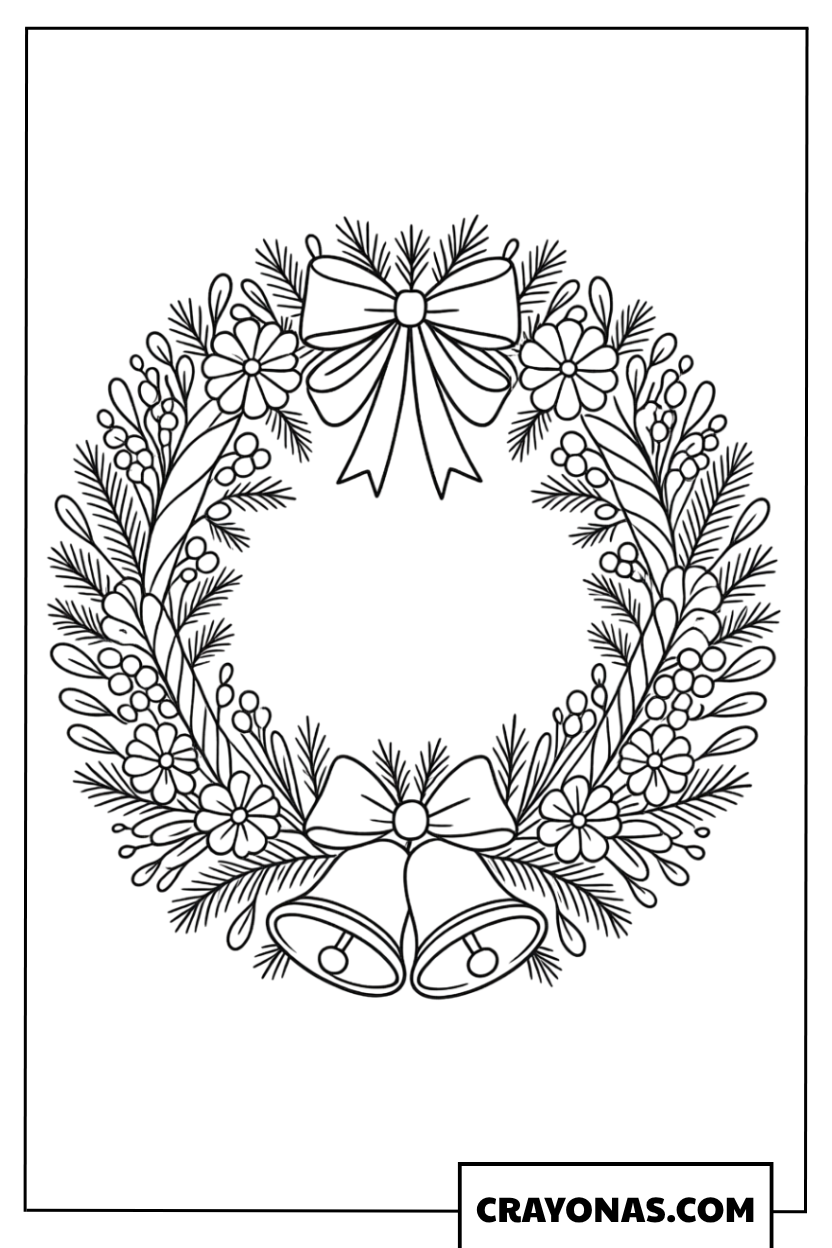 Bells and Ribbon Christmas Wreath Coloring Page