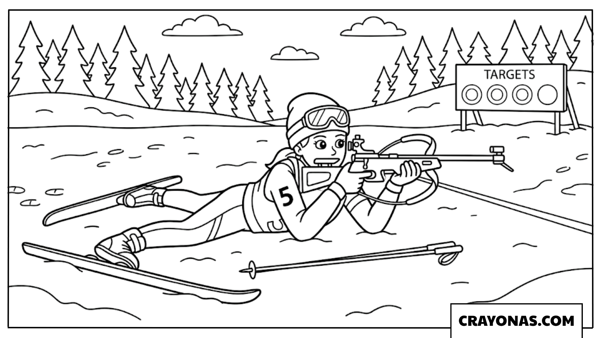 Biathlon Skier Shooting at Targets Coloring Page
