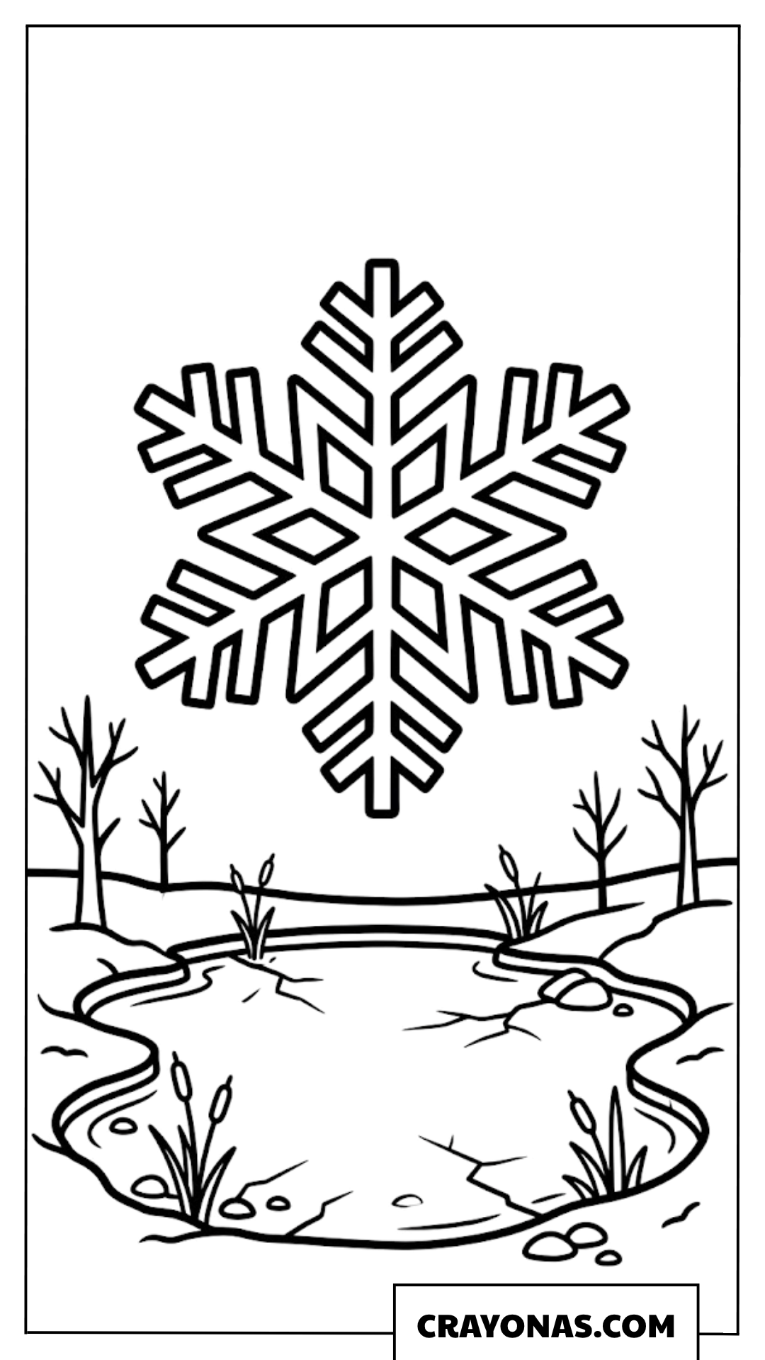 Big Snowflake over Winter Pond Coloring Page