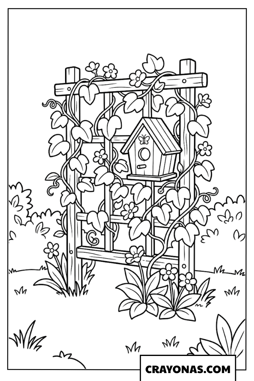 Birdhouse on Trellis Coloring Page