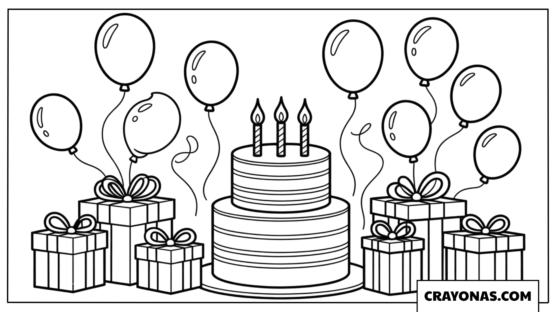 Birthday Cake with Balloons Coloring Page