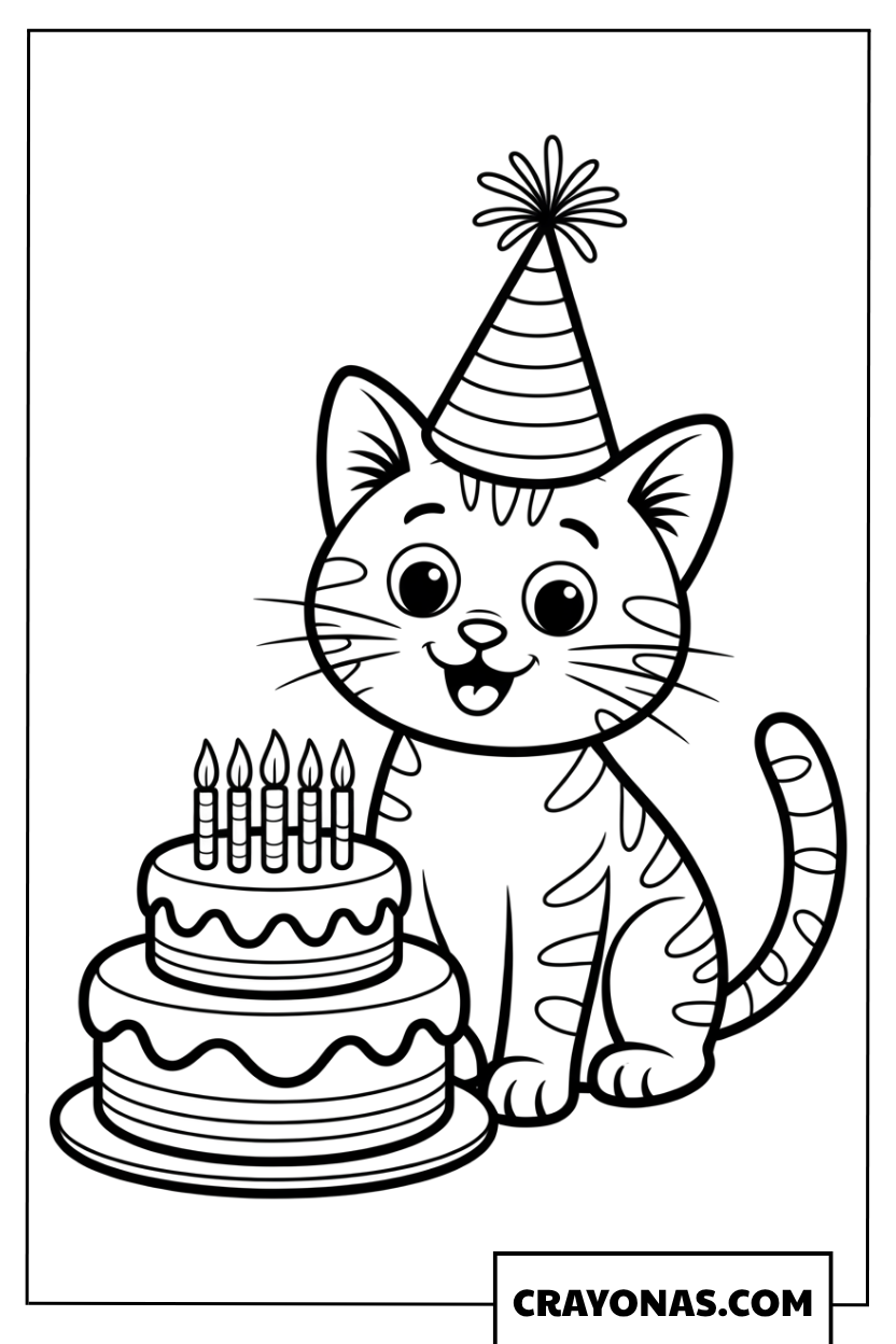 Birthday Cat with Cake Coloring Page