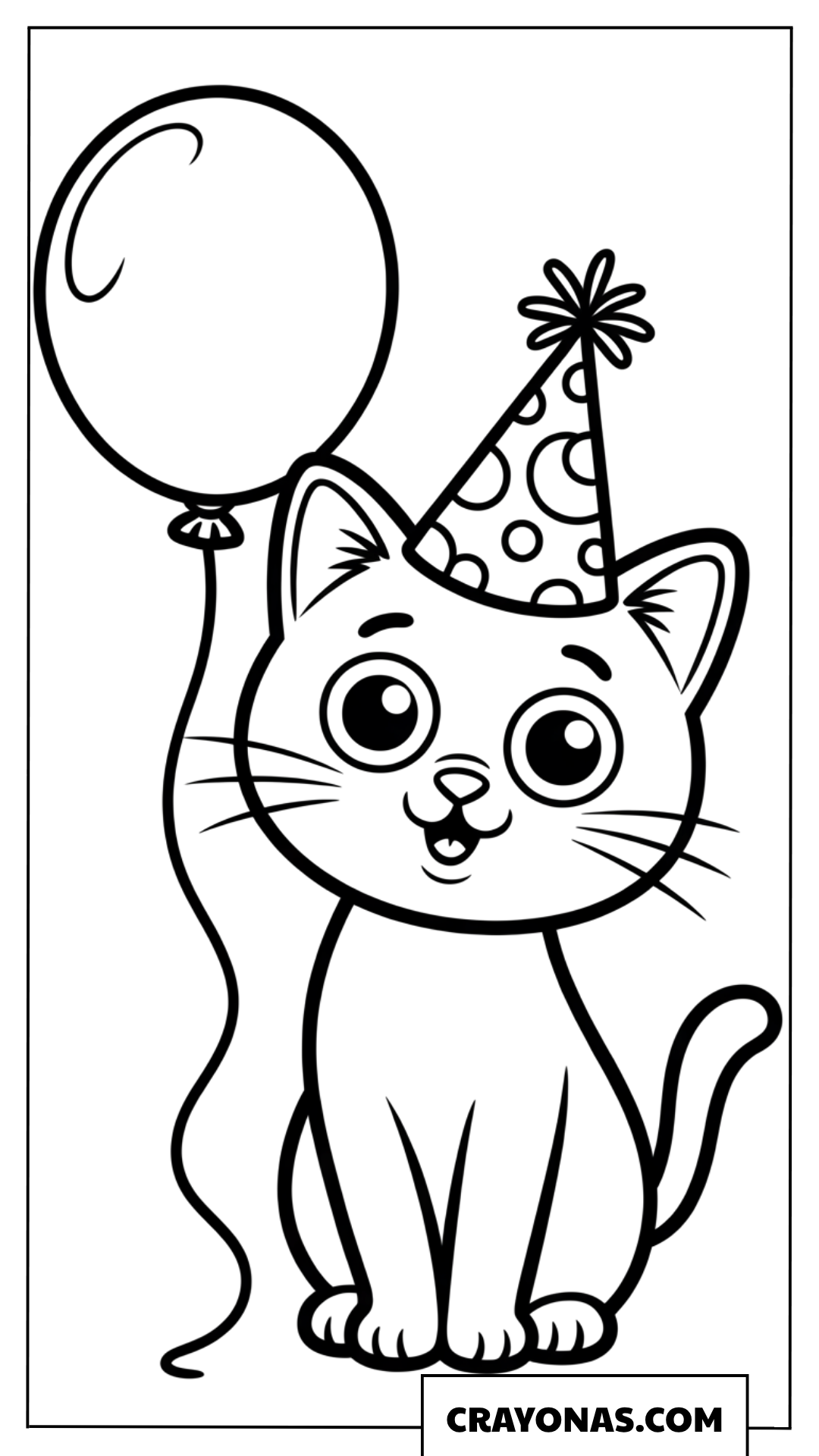 Birthday Cat with Party Hat and Balloon Coloring Page