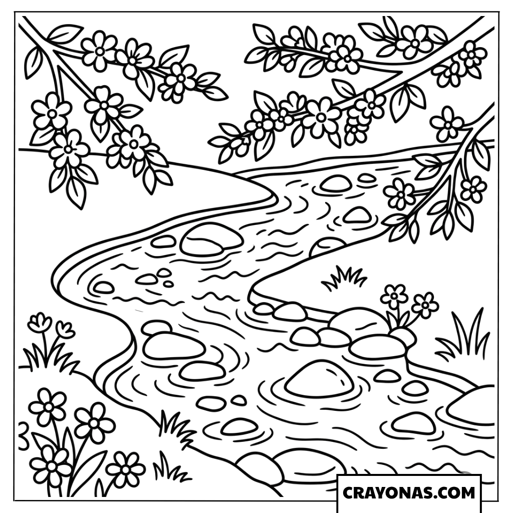 Blooming Riverside Stream Coloring Page
