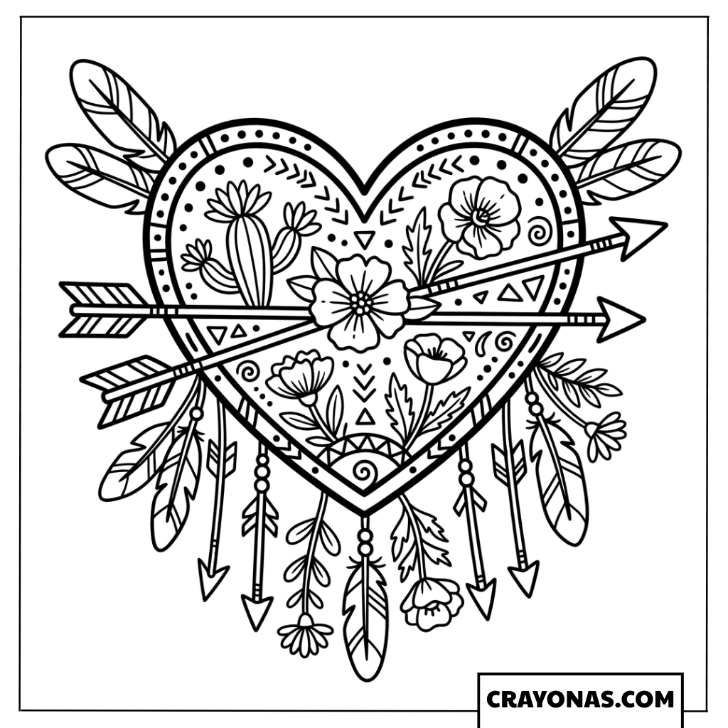 Boho Heart with Feathers and Flowers Coloring Page