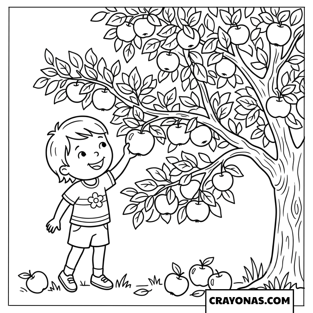 Boy Picking Apples from Tree Fall Coloring Page