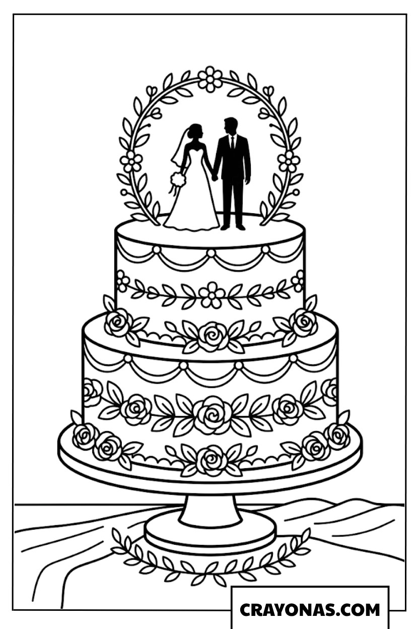 Bride and Groom Wedding Cake Coloring Page