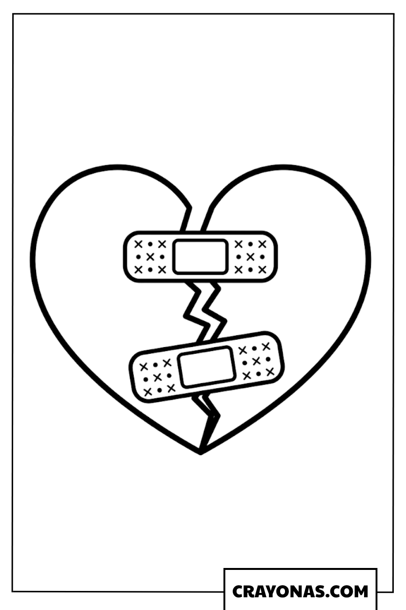 Broken Heart with Bandages Coloring Page