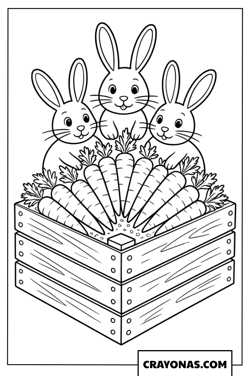 Bunnies with Carrot Crate Coloring Page