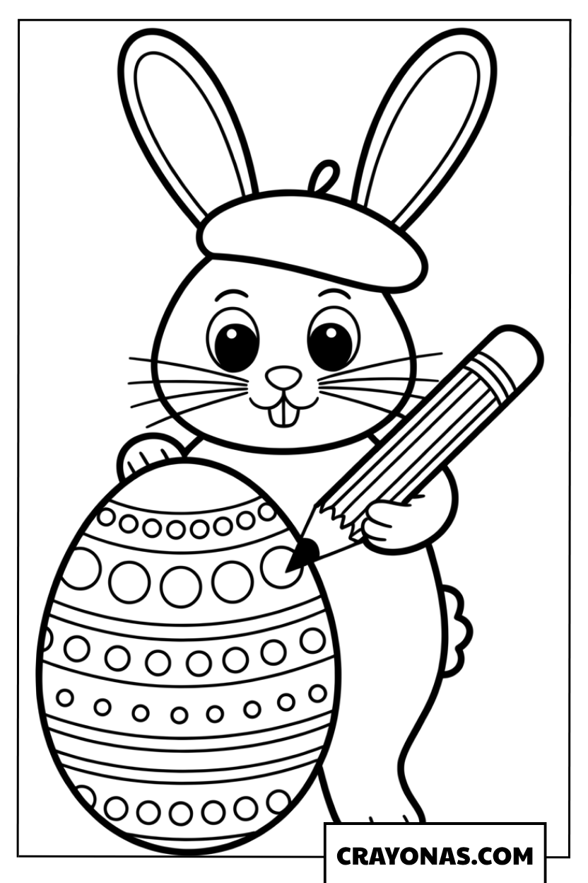 Bunny Artist with Giant Pencil and Egg Coloring Page