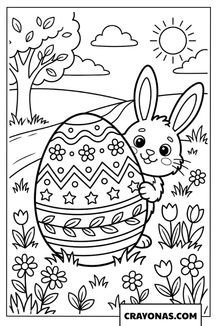 Bunny Hugging Easter Egg Coloring Page