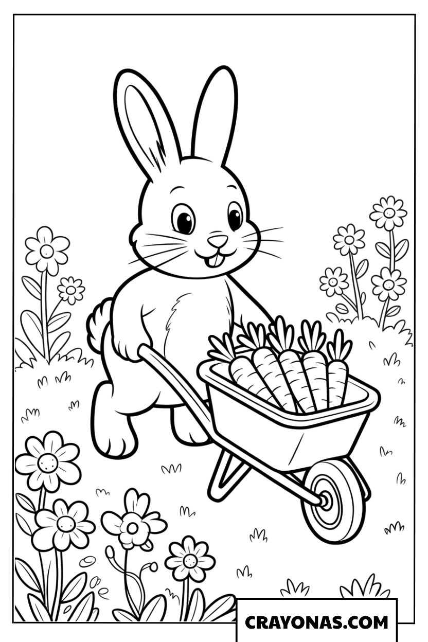 Bunny Pushing Carrot Wheelbarrow Coloring Page