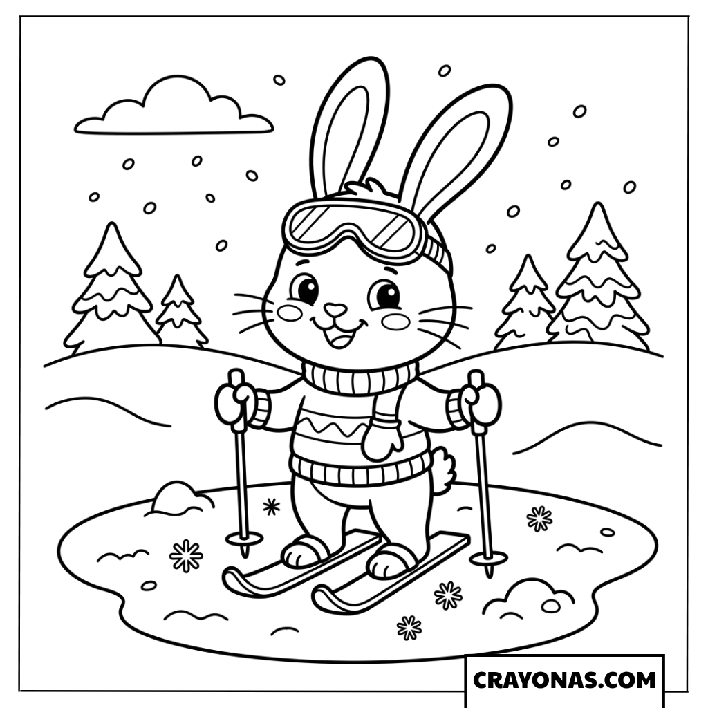 Bunny Skiing with Poles Coloring Page