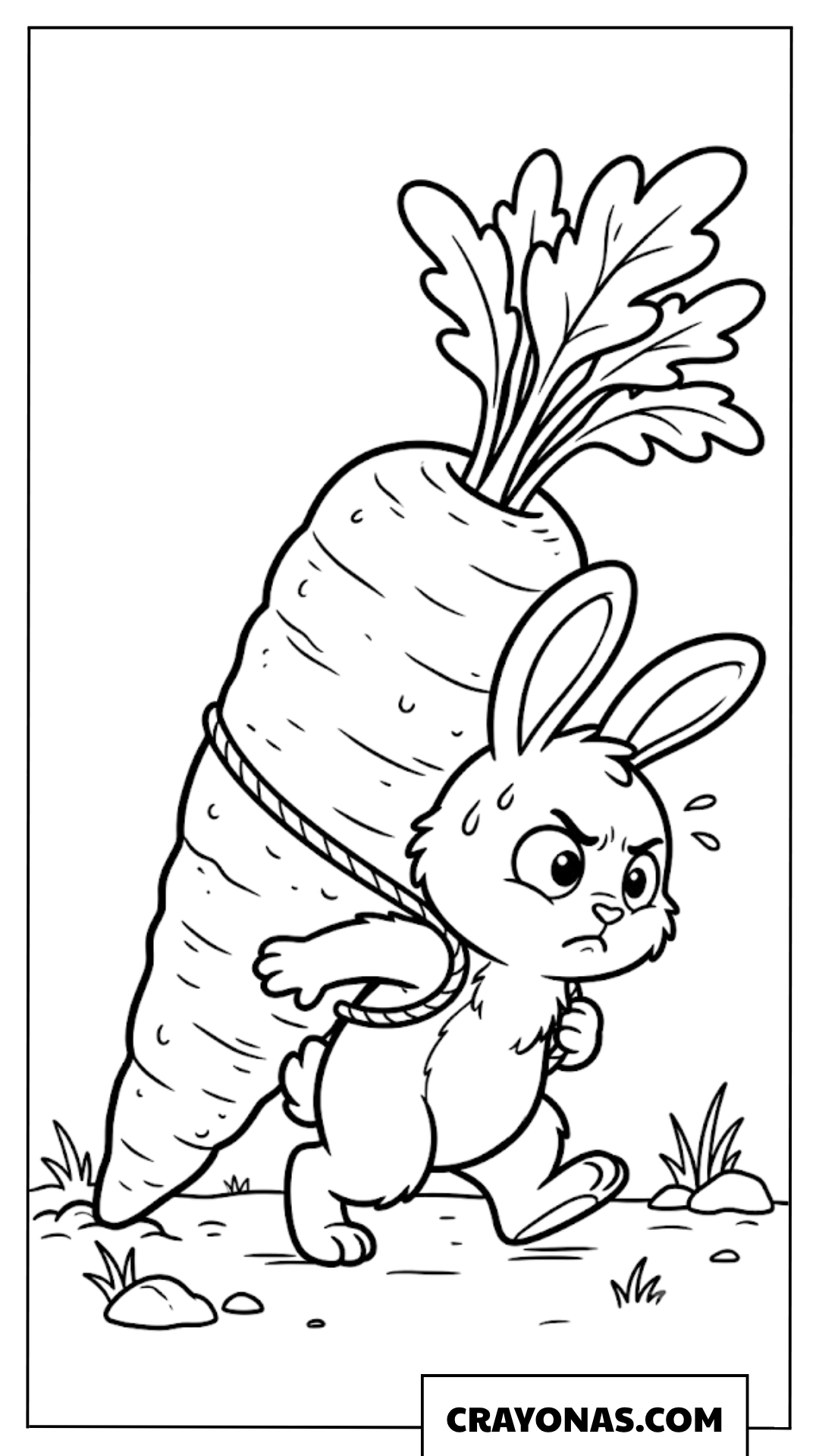 Bunny Struggling with Giant Carrot Coloring Page