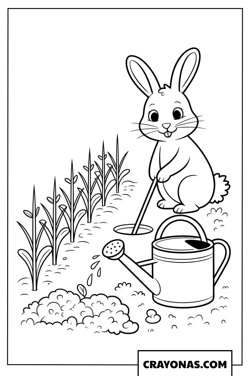 Bunny Watering Garden Coloring Page
