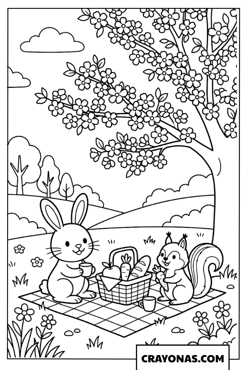 Bunny and Squirrel Easter Picnic Coloring Page