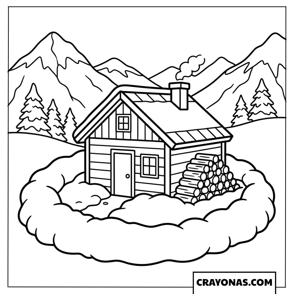 Cabin on Snowy Hill with Mountains Coloring Page