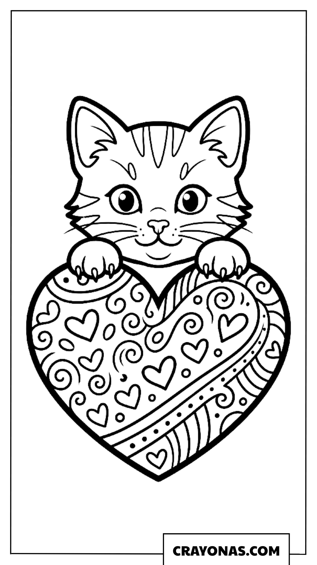 Cat Holding Patterned Heart Coloring Page