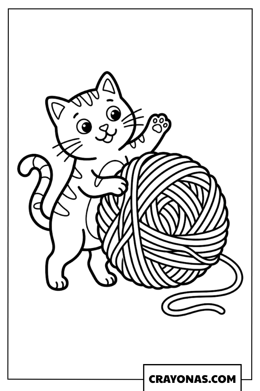 Cat Playing with Big Yarn Ball Coloring Page