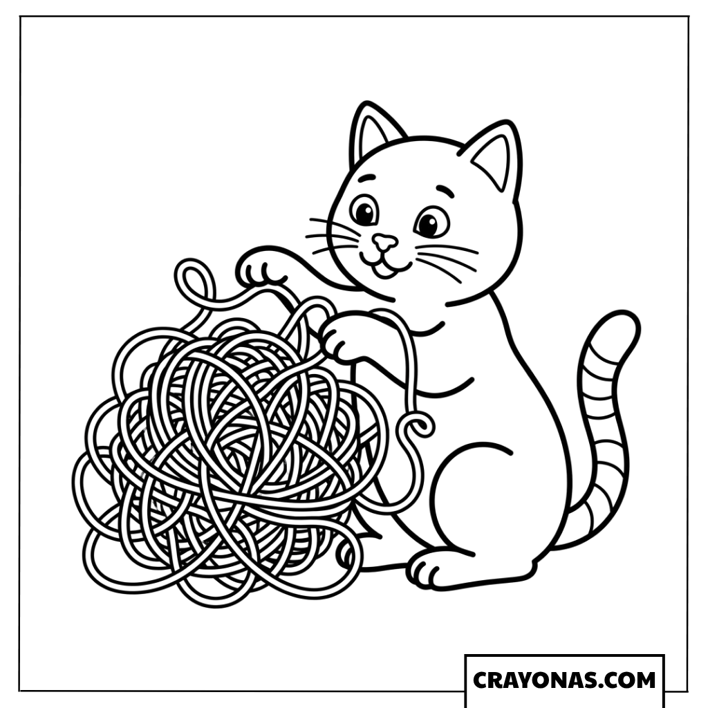 Cat Playing with Yarn Ball Coloring Page