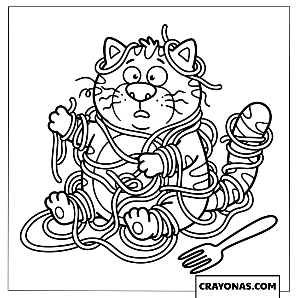 Cat Tangled in Spaghetti Coloring Page