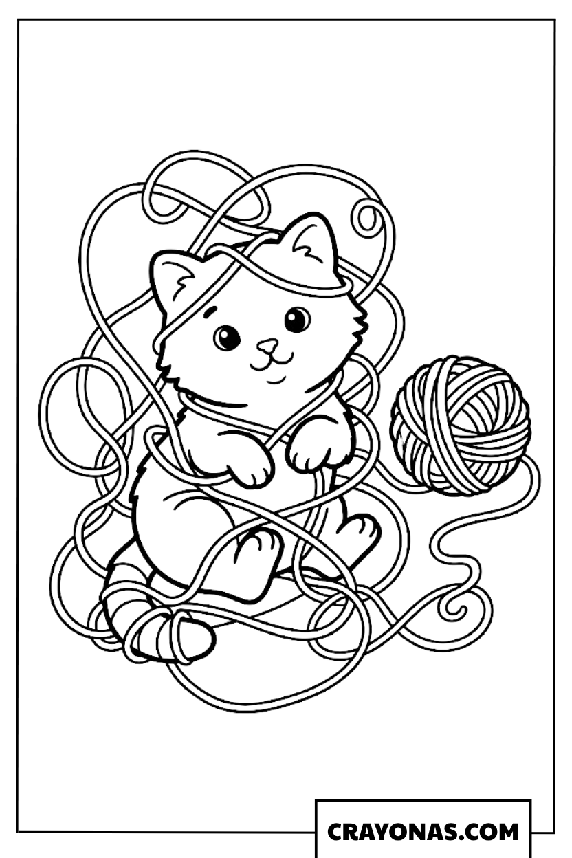 Cat Tangled in Yarn Coloring Page