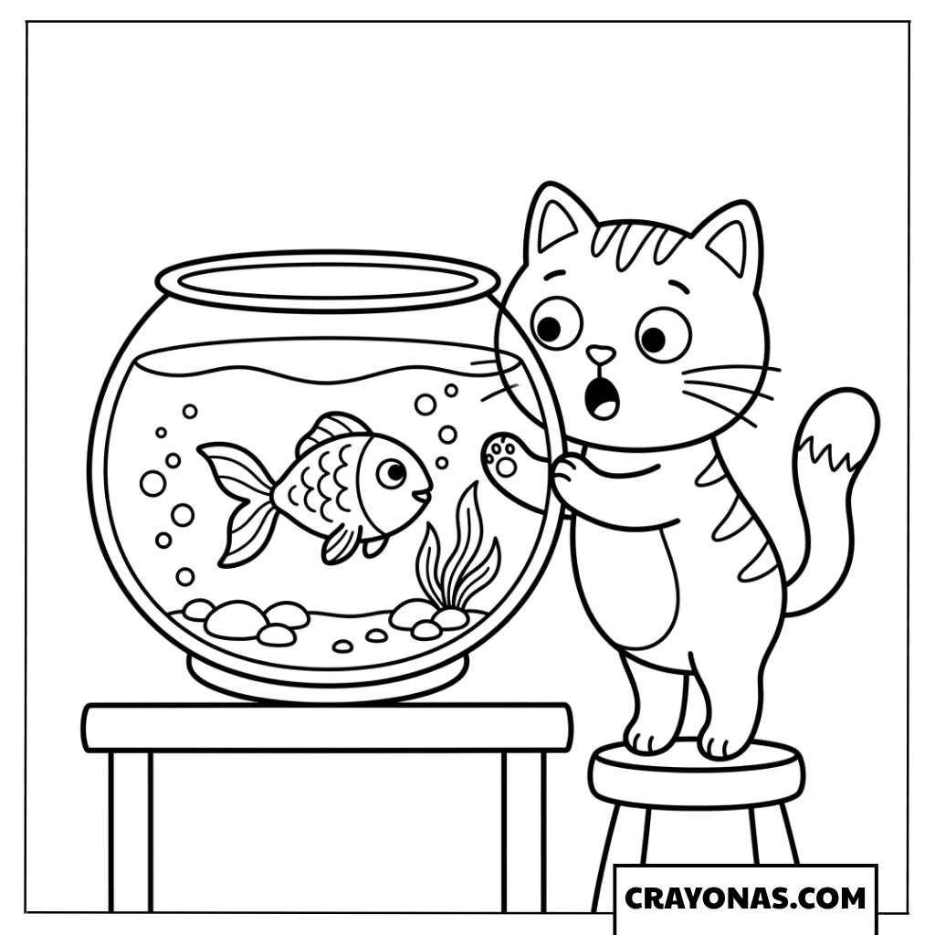 Cat Watching Fish Bowl Coloring Page