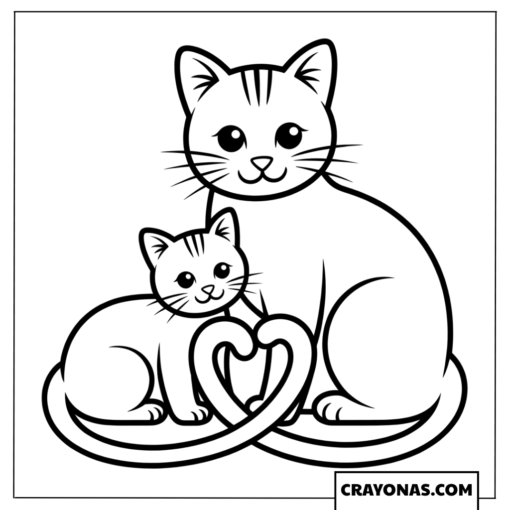 Cat and Kitten Heart Coloring Page