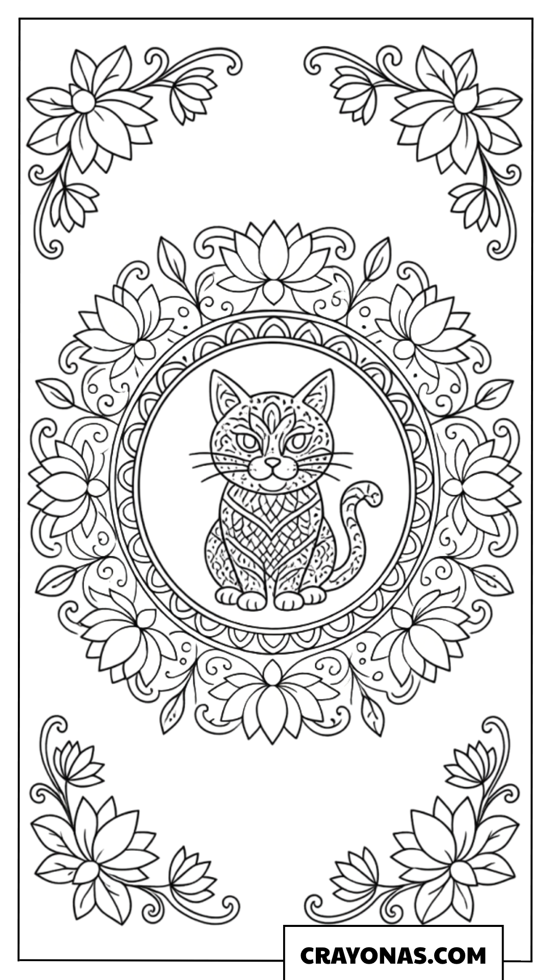 Cat in Floral Mandala Frame Coloring Page