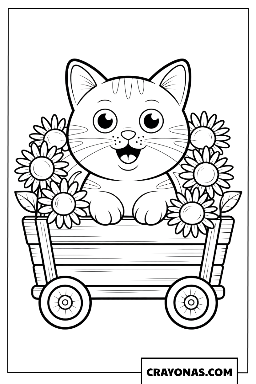 Cat in Flower Wagon Coloring Page