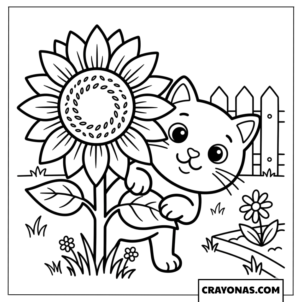 Cat with Giant Sunflower Coloring Page