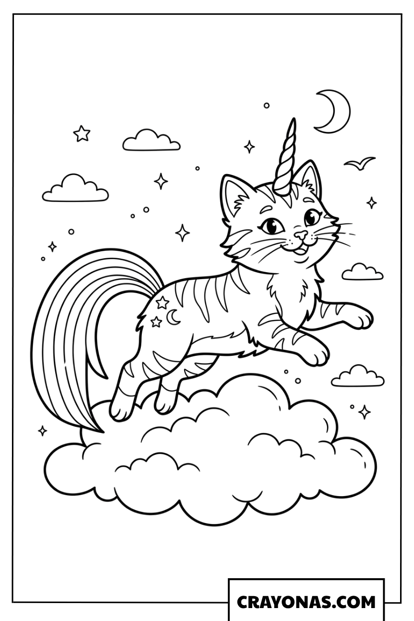 Caticorn on Cloud Coloring Page