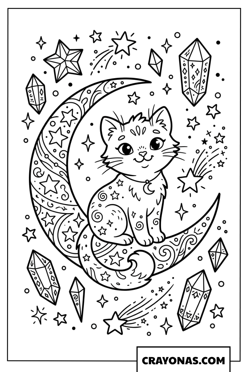 Caticorn on Crescent Moon Coloring Page