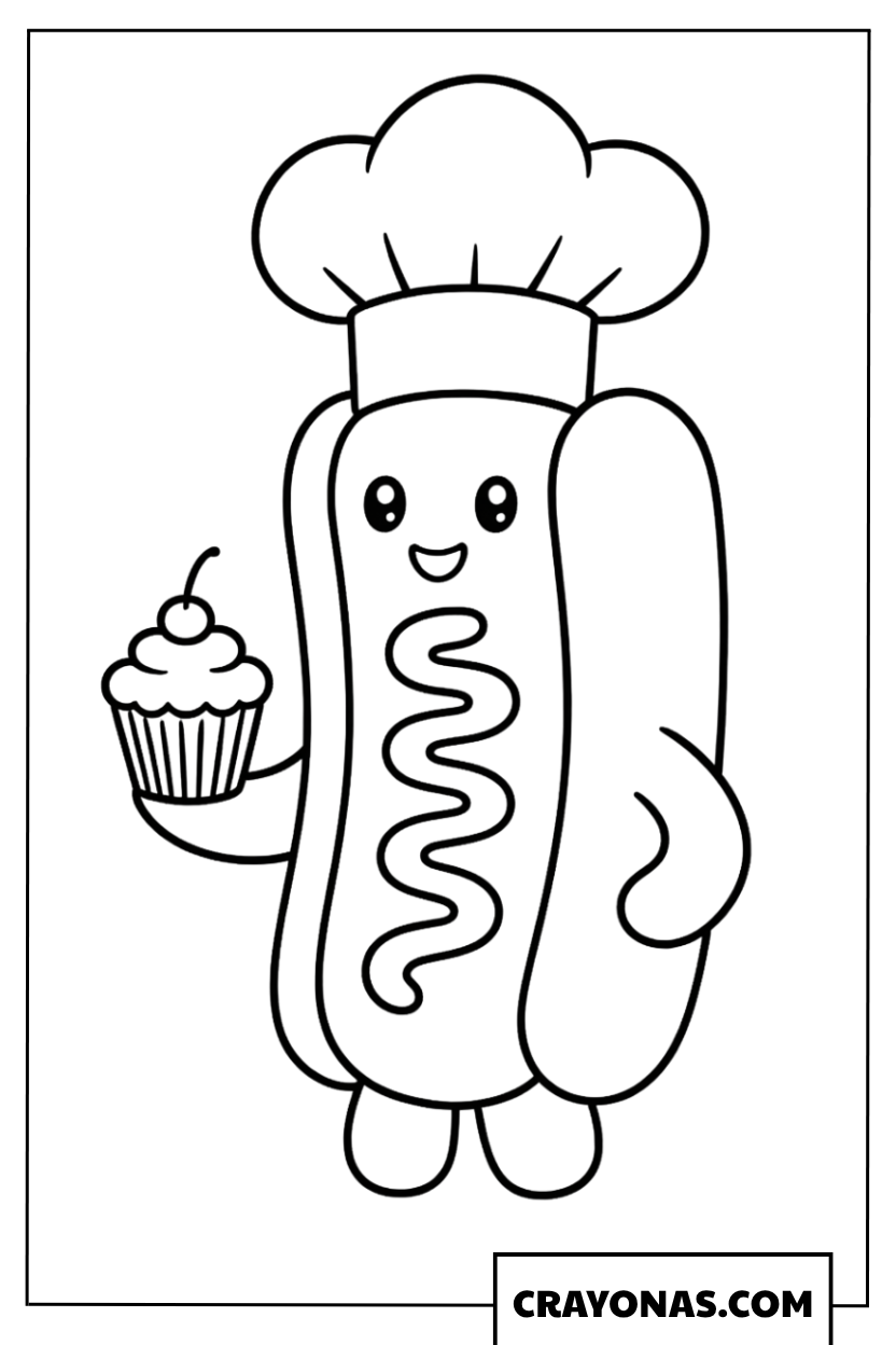 Chef Hot Dog with Cupcake Coloring Page