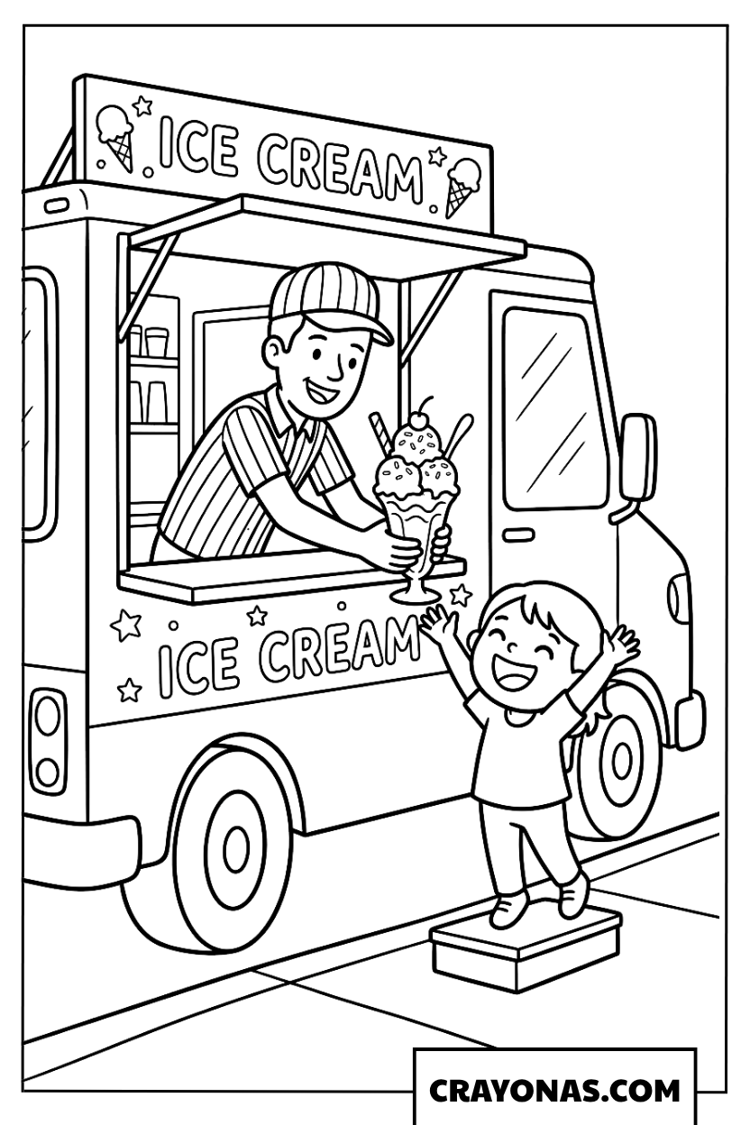 Child Receiving Ice Cream from Truck Window Coloring Page
