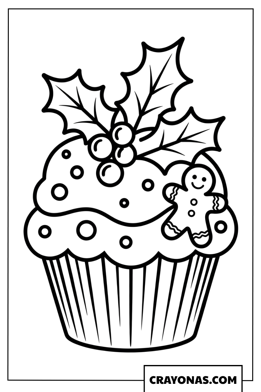 Christmas Cupcake with Gingerbread Coloring Page
