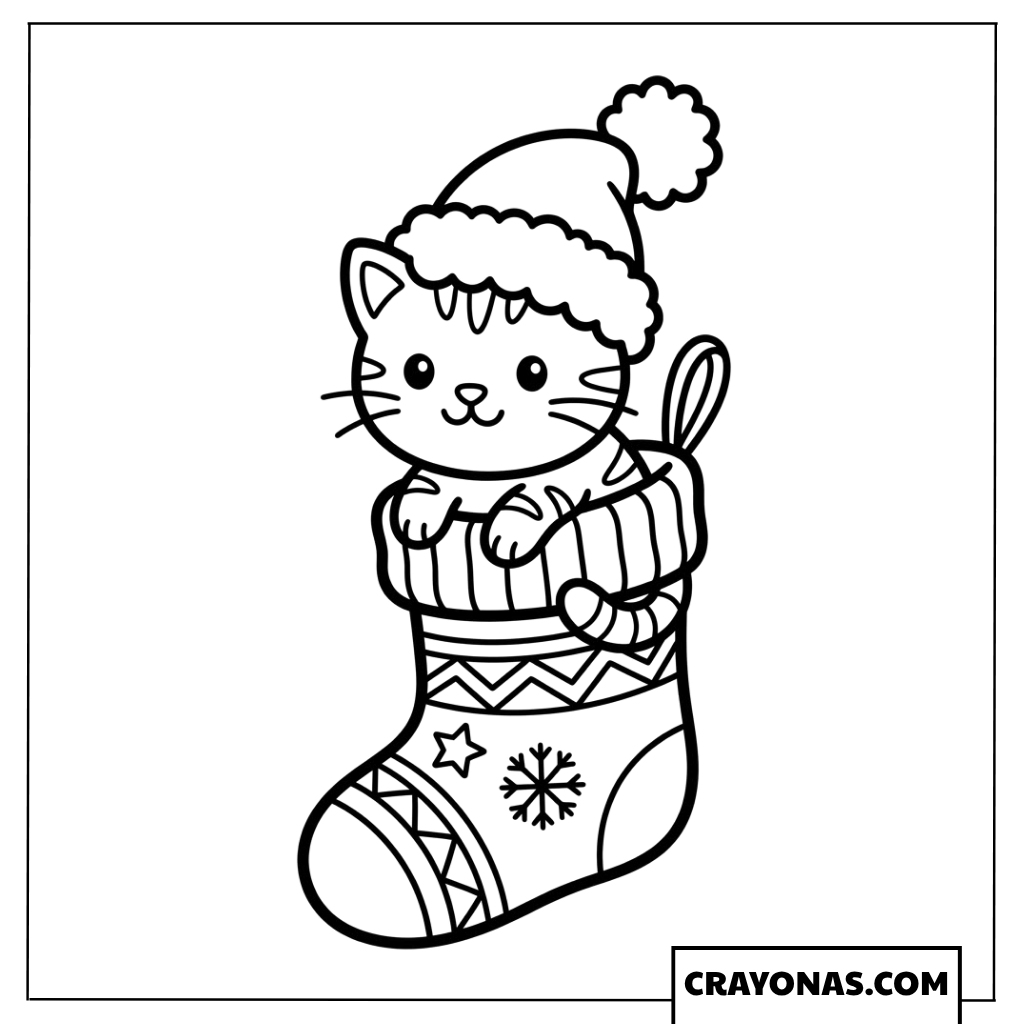 Christmas Kitten in Stocking Coloring Page