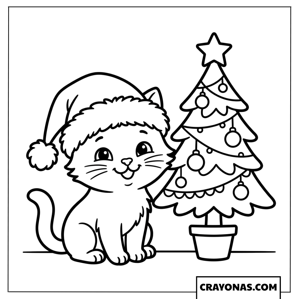 Christmas Kitten with Tree Coloring Page
