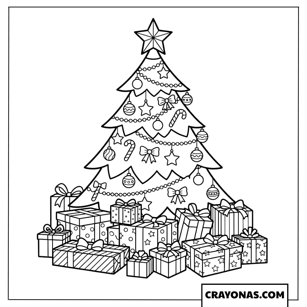 Christmas Tree with Presents Coloring Page