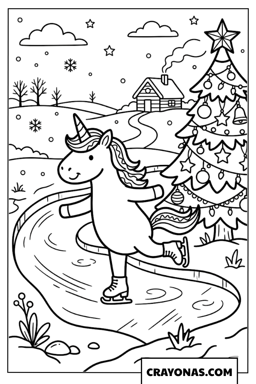 Christmas Unicorn Ice Skating Coloring Page