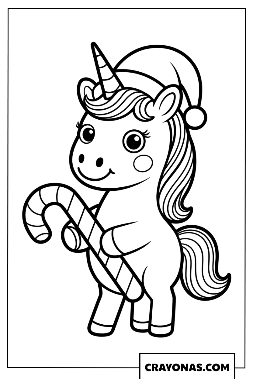 Christmas Unicorn with Candy Cane Coloring Page