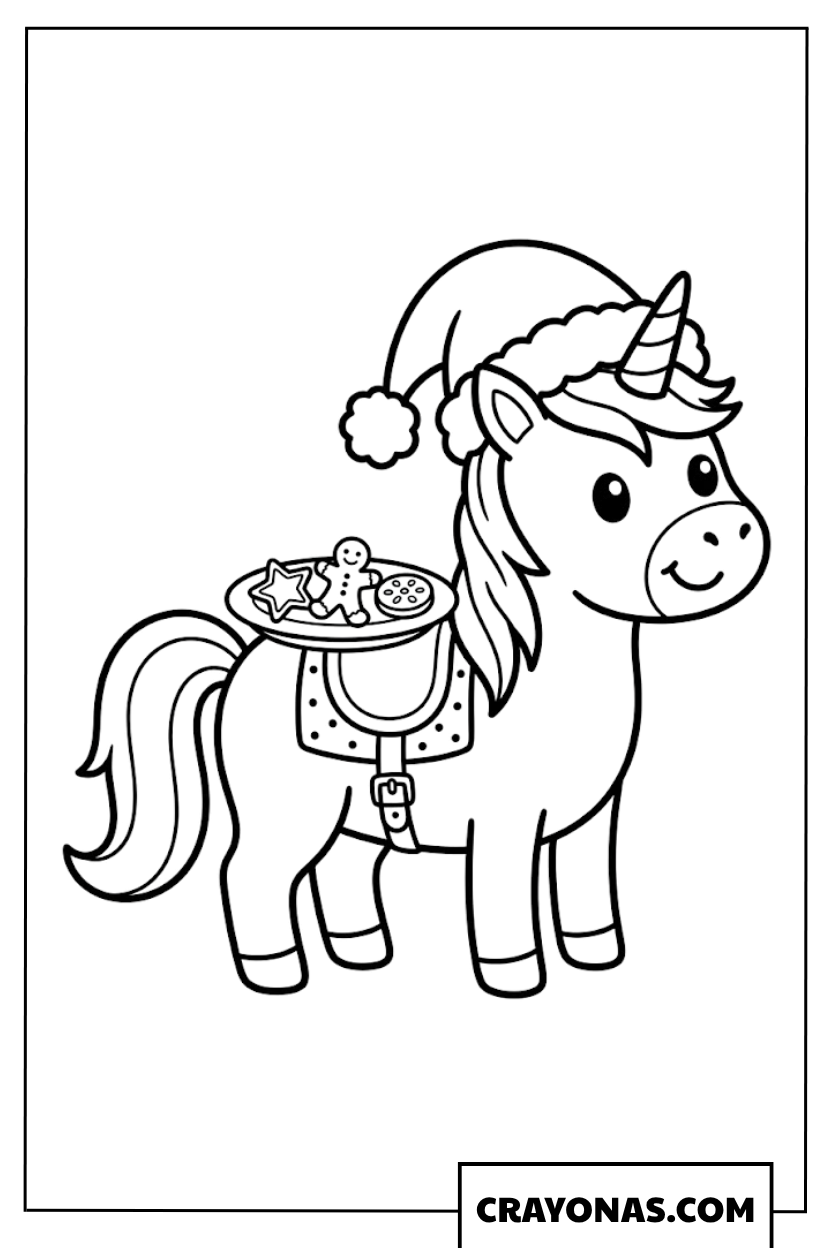 Christmas Unicorn with Gingerbread Coloring Page