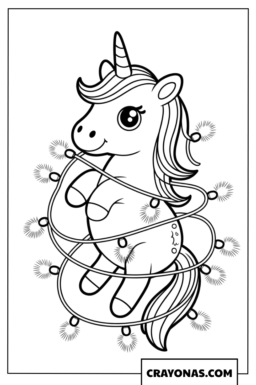 Christmas Unicorn with Lights Coloring Page