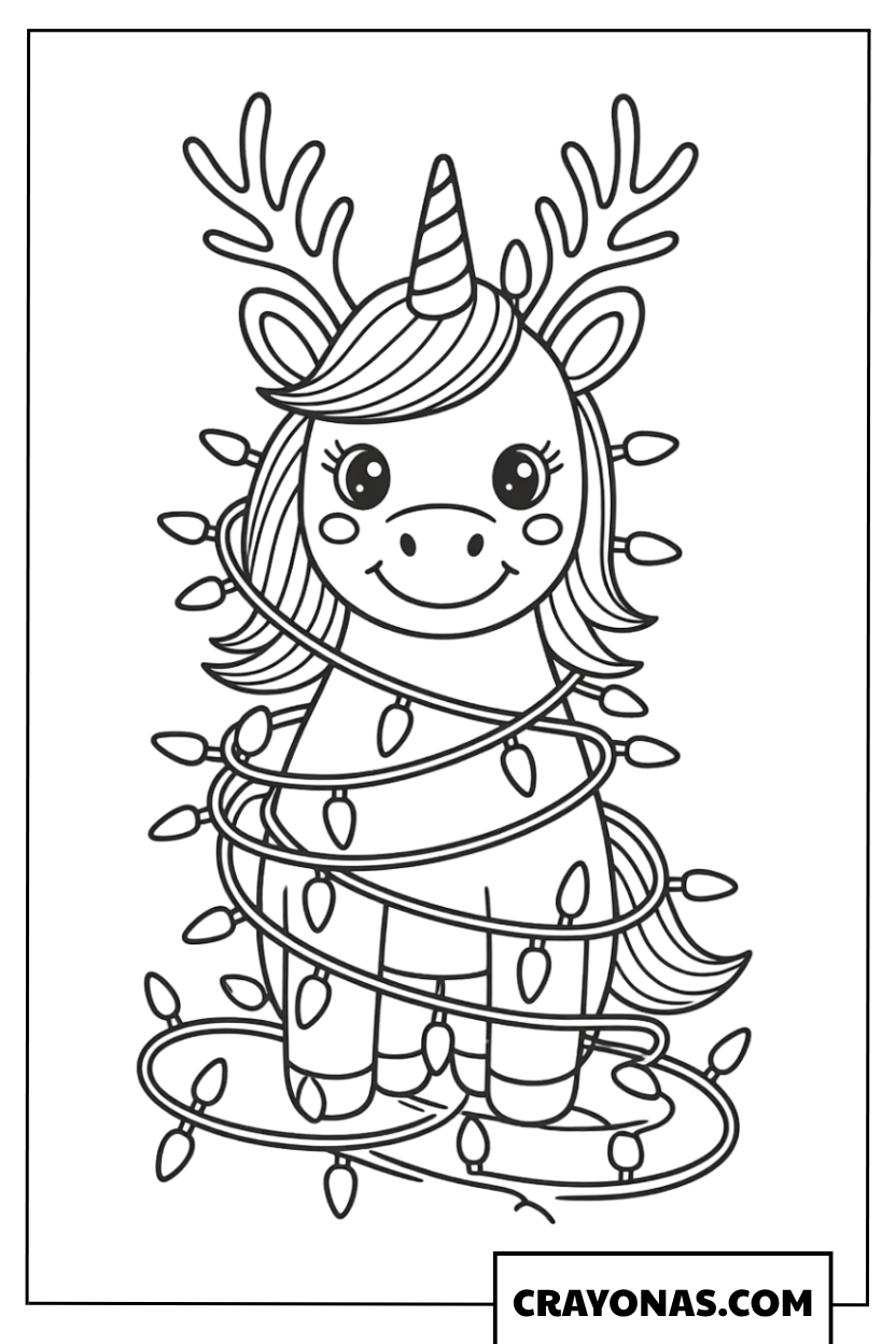 Christmas Unicorn with Lights Coloring Page