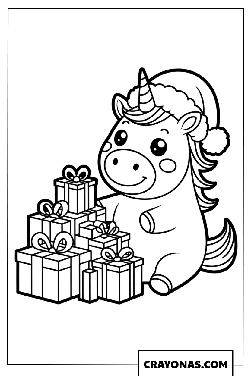 Christmas Unicorn with Presents Coloring Page