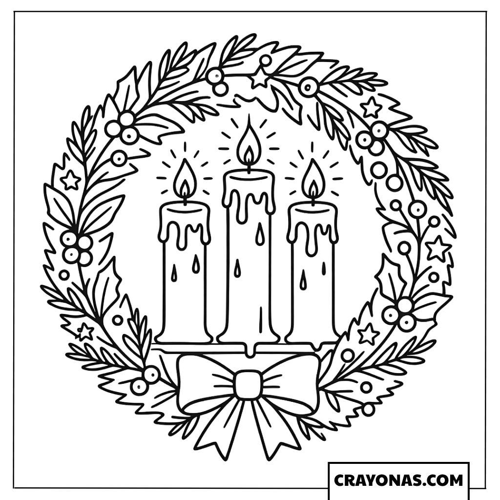Christmas Wreath with Candles Coloring Page