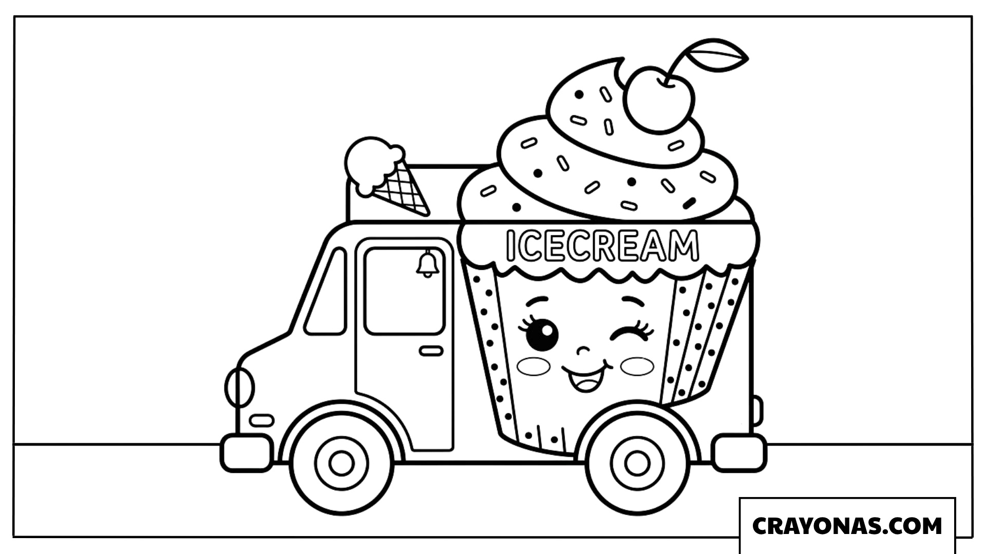 Classic Kawaii Ice Cream Truck with Big Cone Coloring Page
