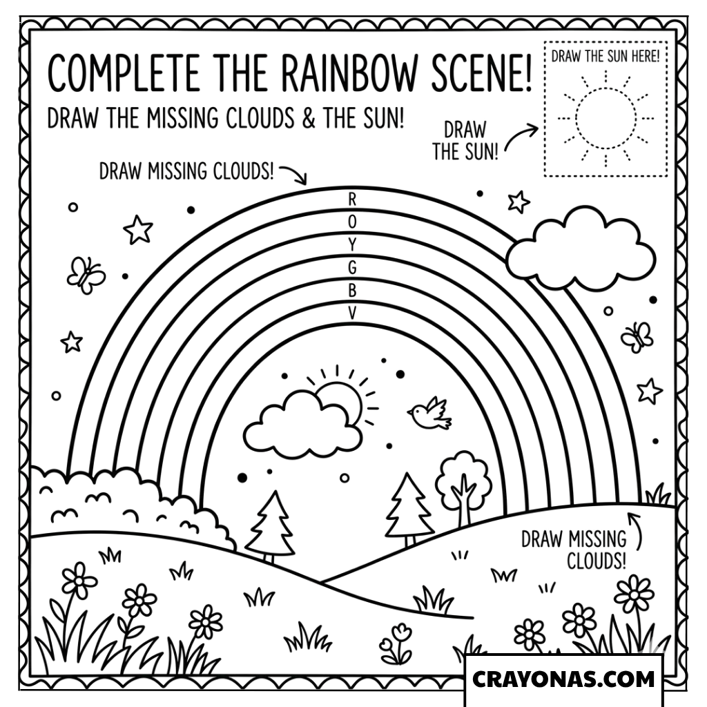 Complete the Rainbow Scene Coloring Page