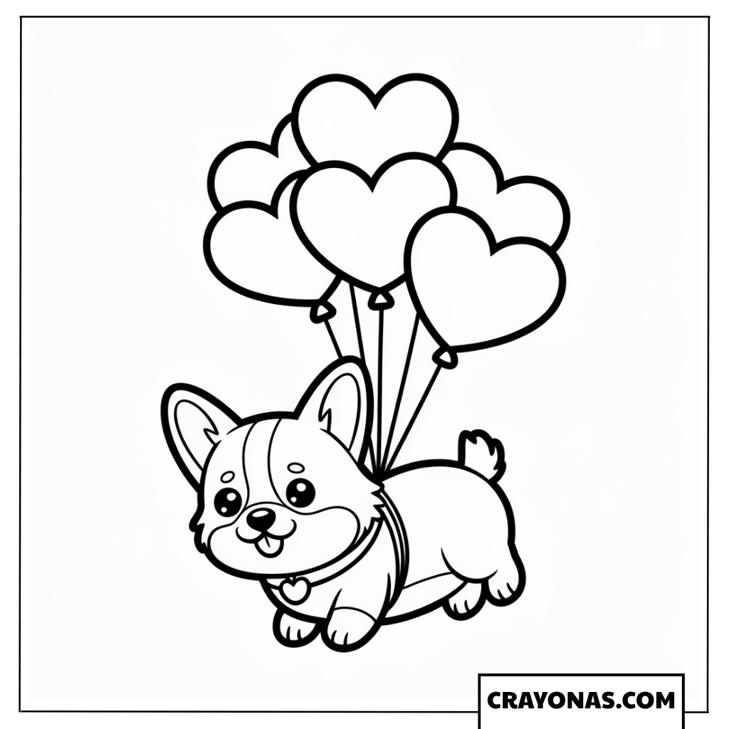 Corgi with Heart Balloons Coloring Page