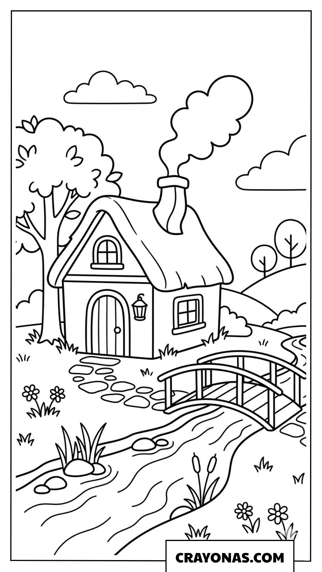 Cottage by the Stream Coloring Page